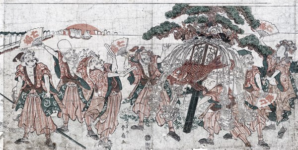 Woodcut illusration of the seven lucky gods of Japan. Dated c1890