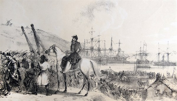 Tinted lithograph of the French depot and landing place