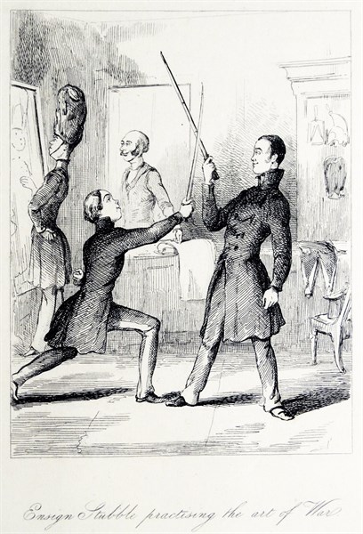Illustration depicting Ensign Stubble and Captain Dobbin from Vanity Fair by William Makepeace Thackeray