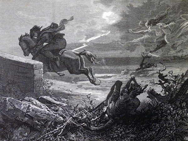 A 18th century messenger racing by horseback past devils and angels