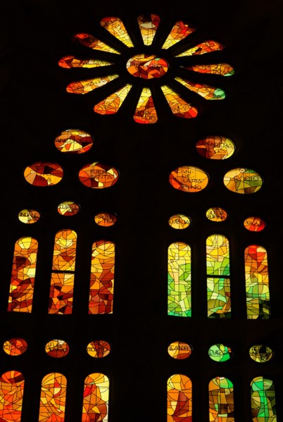 Stained glass window at the Basílica i Temple Expiatori de la Sagrada Família
