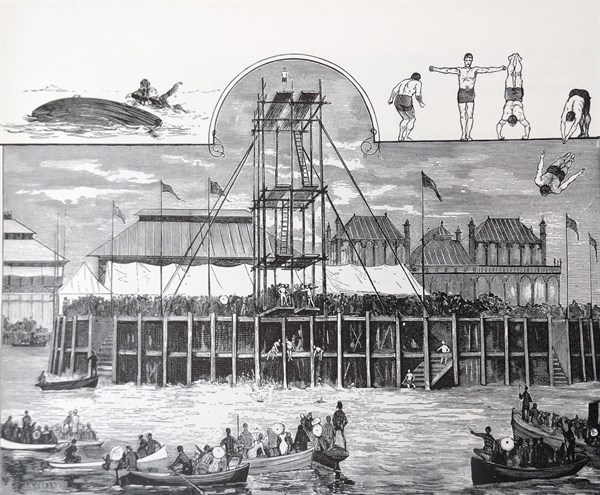 Engravings depicting scenes from Stockholm's swimming and siminrättning