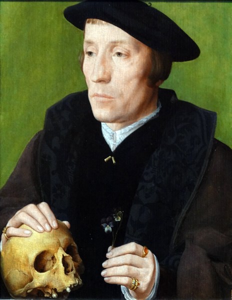 A Man with Pansies and a Skull' by an van Scorel