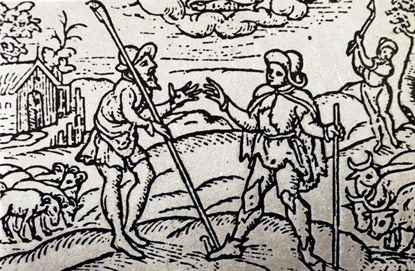 Woodblock print depicting farmers with animals