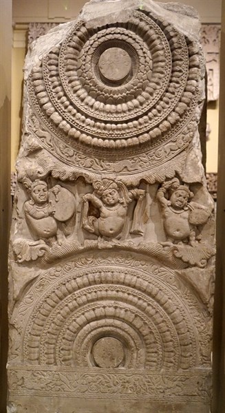 Railing depicting lotuses and dancing dwarfs