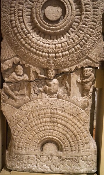 Railing depicting lotuses and dancing dwarfs