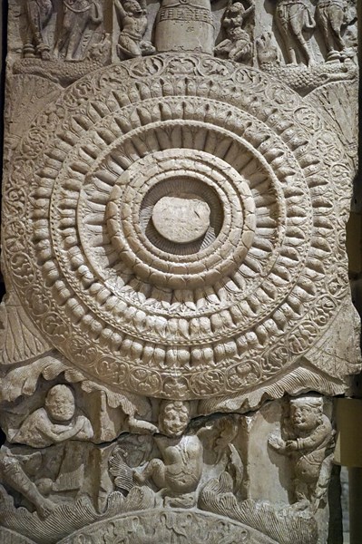Railing depicting lotuses and dancing dwarfs