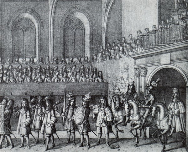 Engraving depicting King James II's Champion performing a Challenge