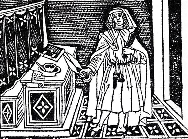 Woodblock print depicting a Florentine male holding sheep shears