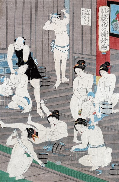 Naked bodies compared to irises in hot water, by Toyonaka