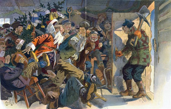 Christmas in a mining camp by 1869-1944, artist. 1912.