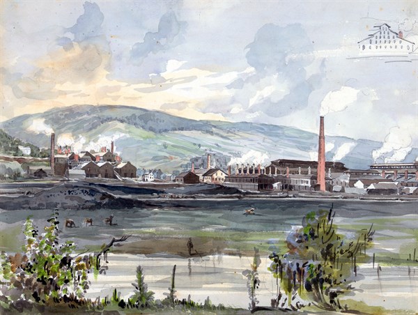 River view with Factory by artist James Fuller Queen, 1821-1886. Dated ca. 1857
