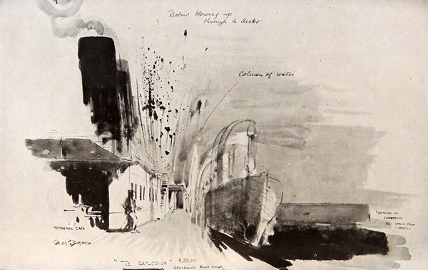 Damage to the SS Lusitania as she sinks below the surface of the sea.