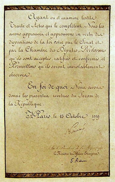 Ratification du Traité de Versailles le 13 octobre 1919