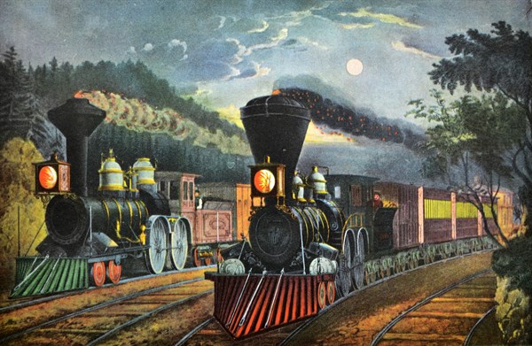 Currier & Ives Illustration. The Lightning Express Trains, 'Leaving the Junction'