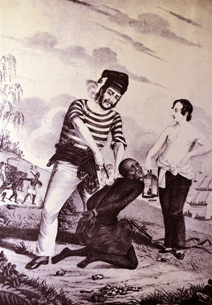 Currier & Ives Illustration. Branding Slaves on the coast of Africa previous to embarkation