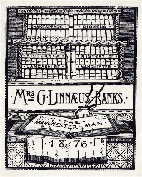 Bookplate of English author, Mrs. G. Linnaeus Banks