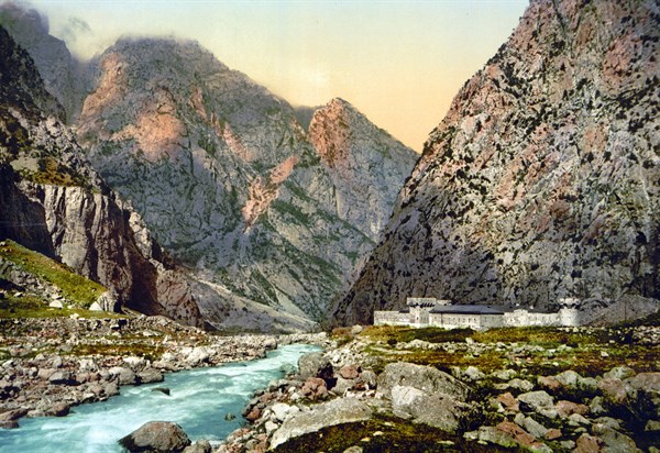 Military road with fortress in the Dariel Ravine, Caucasus, Russia