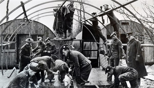 British soldiers build accommodation at a barracks, in northern France, 1940
