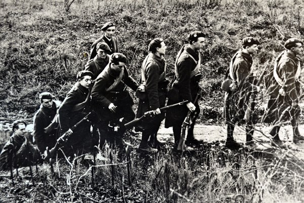 British Scottish, soldiers leave a bunker within the Maginot Line, France 1940