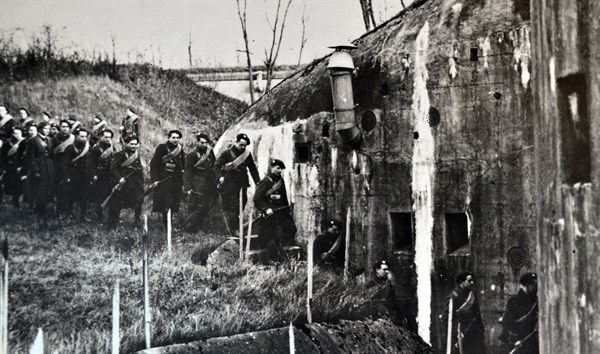 British Scottish, soldiers enter a bunker within the Maginot Line, France 1940