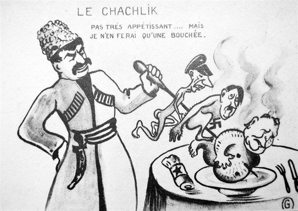 Cartoon depicting Stalin spiking Goebbels, Hitler and goring