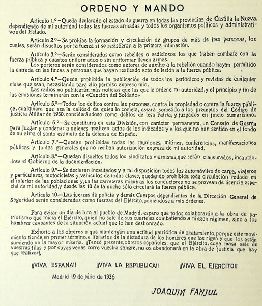 Spanish Civil War: orders issued 19th July 1936, by Joaquin Fanjul Goni