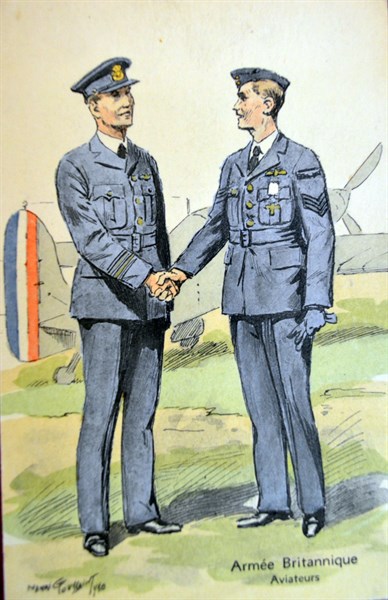 British royal air force pilots stand next to a French fighter aircraft, 1940