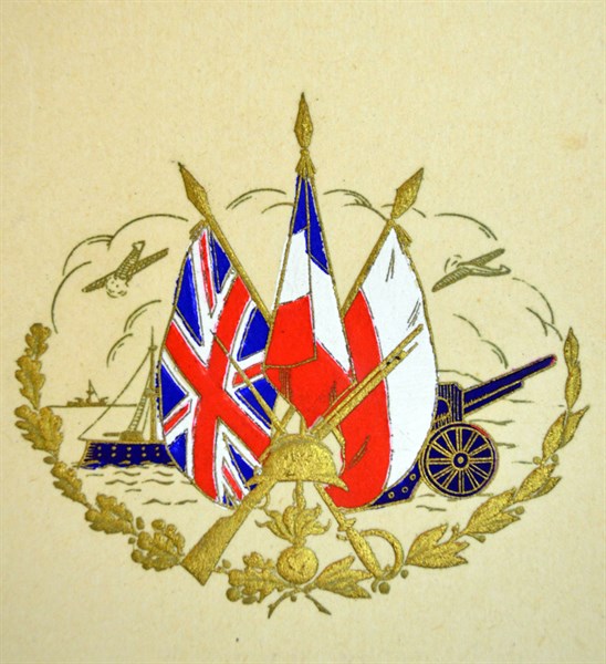 British WWII postcard showing the flags of Britain, France and Poland