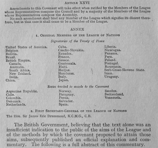 The Covenant of the League of Nations was the charter of the League of Nations. 1919