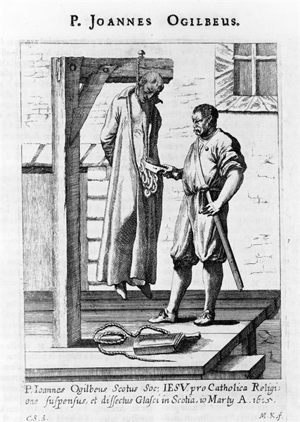 John Ogilvie hanging from the gallows
