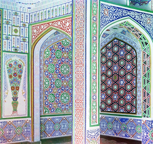 Example of mosaics on the walls in the home of a wealthy Sart. On the outskirts of Samarkand, Russia