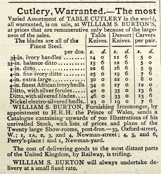 Advert in an English newspaper for stainless steel cutlery