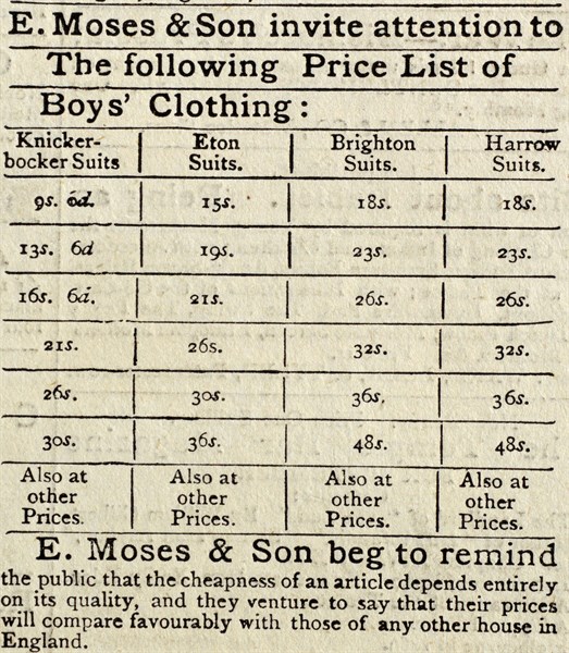 Price List for E. Moses & Son