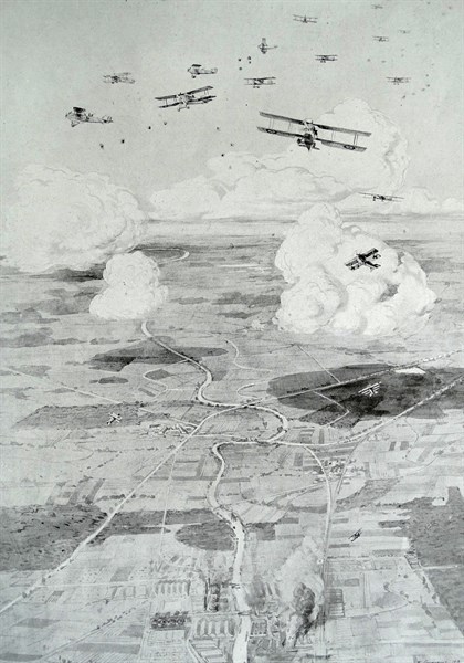 German aircraft battle wwith French planes on a bombing mission over a german military factory