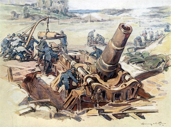 French mortar prepared for firing against German positions, WWI, France