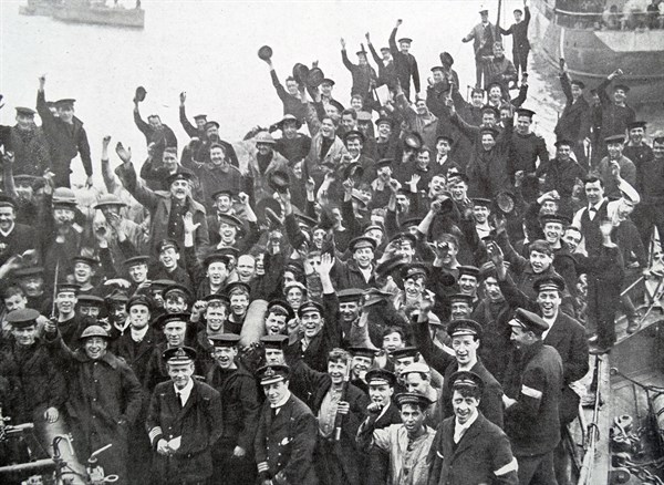 Return to England of HMS Vindictive, a British naval cruiser after action at Zeebrugge
