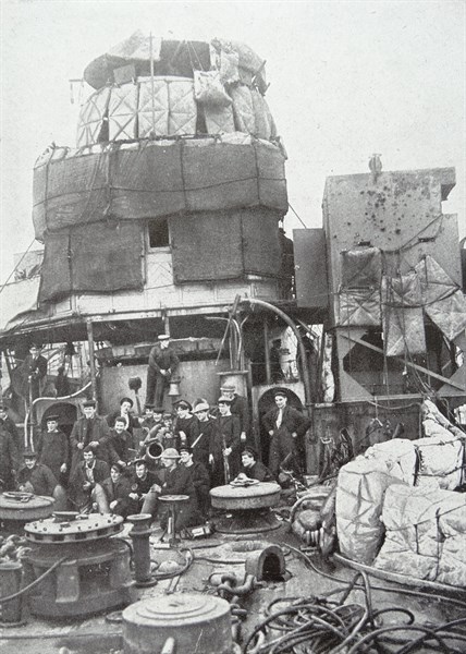 Return to England of HMS Vindictive, a British naval cruiser after action at Zeebrugge