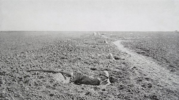 French soldiers in foxholes in France during the spring of 1918. WWI