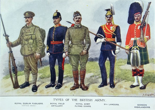British soldiers in different regimental uniforms during WWI