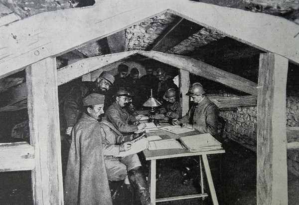 French officers in an underground HQ on the western front;   during WWI 1916
