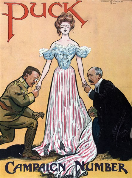 Columbia standing between President Theodore Roosevelt and Alton B. Parker