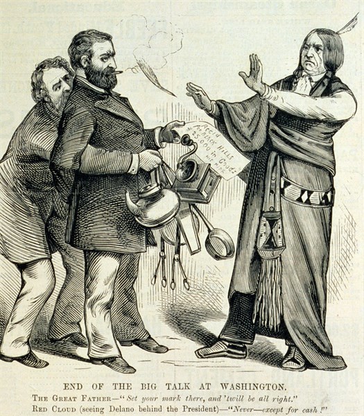 President Grant standing before the Chief of the Oglala Sioux
