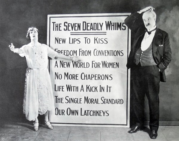 Publicity for Prodigal Daughters, 1923.  Gloria Swanson proclaims the new creed of youth to her father, Theodore Roberts.