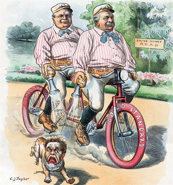 Grover Cleveland and Thomas Reed riding on a bicycle built for two