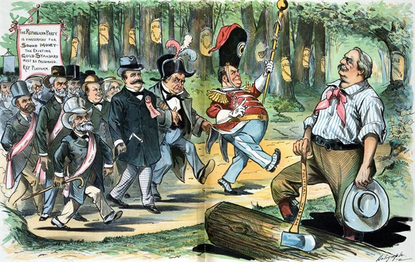 President Cleveland holding an axe labelled 'Political Wisdom'