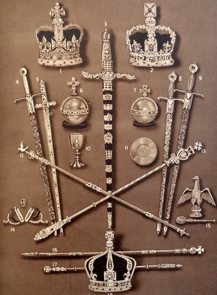 Ceremonial crowns and other regalia for the coronation of King George VI .