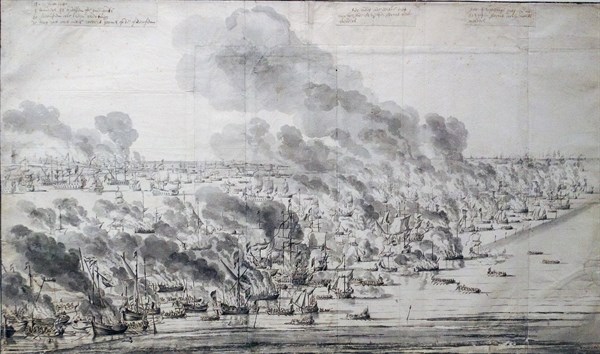 Engraving of Robert Holmes setting the Dutch Fleet on fire at Terschelling