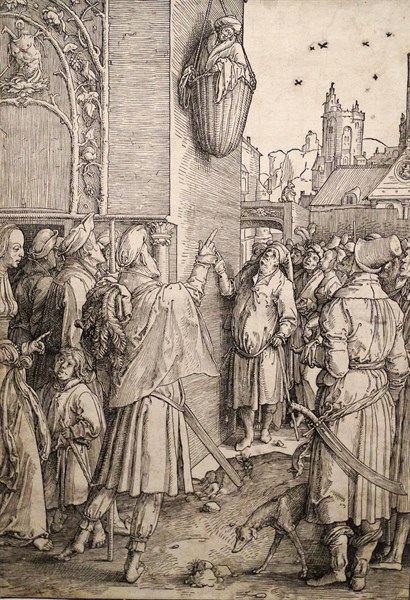 Woodcut depicting Virgil in a Basket