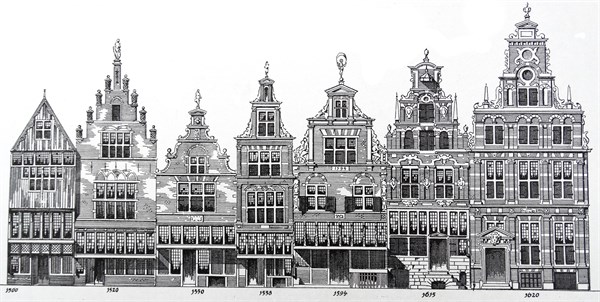 Drawing showing architectural transition of styles of houses from 1500-1620